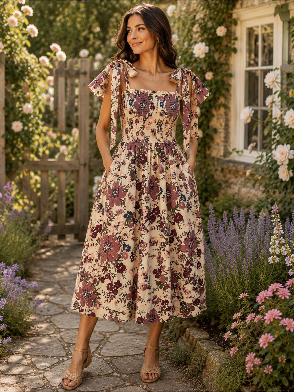 Ivy City Co XS Floral Smocked Midi Dress Shoulder Bows Cottagecore Cotton